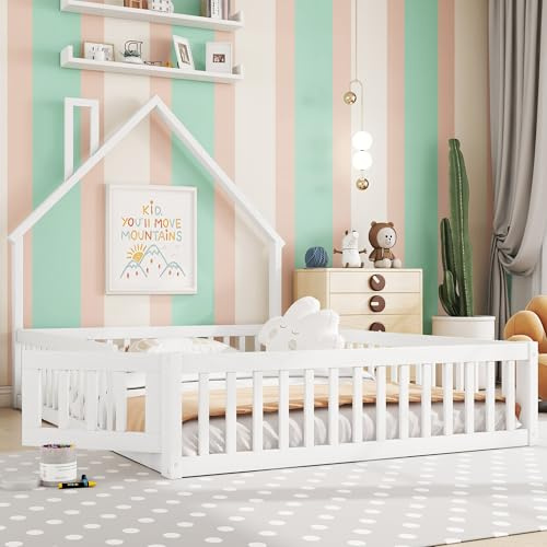 Merax Kinderbett Bodenbett 140x200 cm Hausbett mit Rausfallschutz & Lattenrost, Schornsteinform, öffnbarem Zaun - Montessori Bett, Jugendbett, Holz Bettgestell(ohne Matratze), Weiß