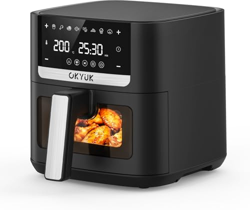 OKYUK Air Fryer 6L, Freidora de Aire, Freidora Aire Ventana Visualización, Freidora sin aceite, 8 programas, pantalla LED digital, temporizador, fácil de usar, Temperatura 80-200°C