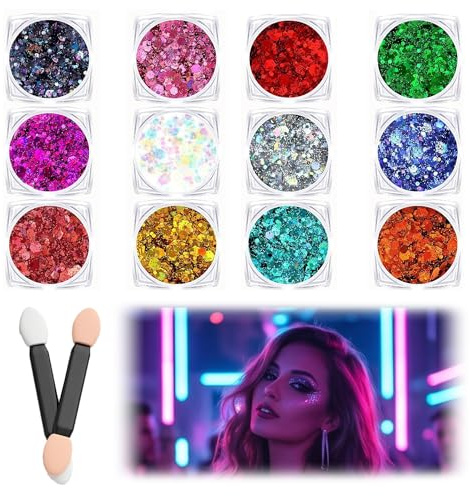 Ruvan Purpurina Polvo 12 Colores, Brillantes Para Cara Cuerpo Pelo Uñas, Glitter Maquillaje Profesional Resistente Al Agua, Purpurina Manualidades Para Festival Carnaval Fiesta Decoración Artesanía