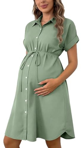 Women's Maternity Casual Dress Short Sleeve V-Neck Loose Shirt Dresses Pregnant Button Down Dress for Business Office Work