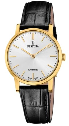 Festina Uhr Für Damen F20017/1 Swiss Made Gold Edelstahl Case SchwarzLeder Band