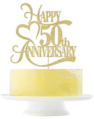 Yetxel Gold Glitter Happy 50th Anniversary Cake Topper