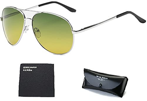 WIRUN Nachtsichtbrille für Herren und Damen, polarisiert, UV400, Aviator, blendfrei, gelb, Sicherheits-Nachtansicht (Silber)