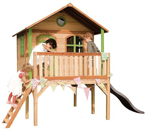 AXI Sophie Casa Bambini con pavimento e scivolo grigio | Casetta da gioco per giardino/esterno in marrone e verde in legno FSC | Parco giochi per bambini
