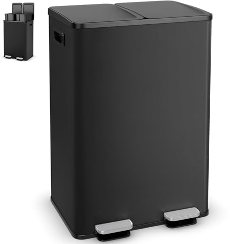 GiantexUK 60L Kitchen Pedal Bin, 2x30L Stainless Steel Recycling Rubbish Can with Detachable Inner Buckets, Handles, Deodorant Boxes & Soft Close Lids, Double Step-on Waste Dustbin for Home (Black)