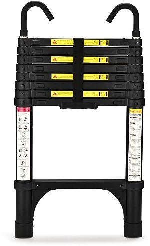 HBTower Escamotable en Aluminium,Echelle telescopique 2.6M/8.5FT avec Crochets,Echelle plianteConvient aux Camping-Cars, greniers, extérieurs et intérieurs, Charge Max 150 kg (Noir)