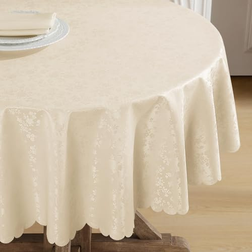 Romanstile Mantel de Hule PVC Antimanchas Redondo Grande 160 cm Beige con Flores, Impermeable, Resistente y fácil de Limpiar, Apto para Mesa Redonda Grande de Primavera, jardín, Uso Exterior y Pascua