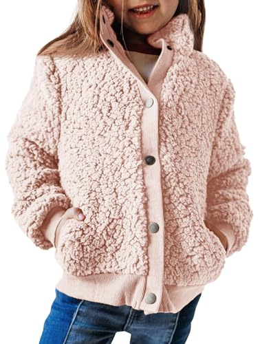 Haloumoning Veste pour fille à manches longues Sherpa Teddy Polaire Manteau enfant Veste chaude avec poches et boutons