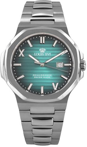 LOUIS XVI Renaissance 1621 - Ø 40 mm - Herren Uhr - Wasserdicht - Uhr mit Saphirglas - Armband Silber - Zifferblatt Türkis - Schweizer Quarzwerk