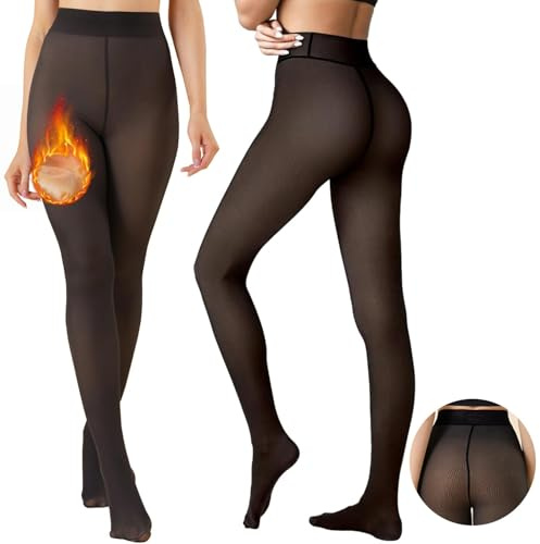 Yutdeng Collant Termici Donna Curvy Invernali Calzamaglia Elasticizzati Calze Foderati in Pile con Linea Cavallo Unica Collant Traslucidi Finti Caldi Leggings Termici,Nero Sheer-caffè pile,L-XL