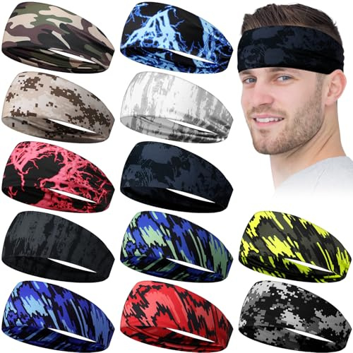 Lyrow 12 Pcs Headbands for Men Running Headband Mens Sweat Bands Headbands for Tennis Athletic Cycling Basketball Yoga Workout Outdoor Sports Gym Jogging Exercise(Stylish Style)