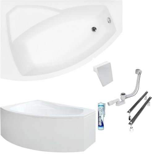 ECOLAM Baignoire d'angle Rima 150x95 cm gauche | tablier acrylique | Appuie-tête | pieds siphon + silicone | Set complet
