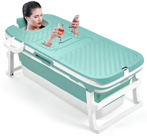 Warmiehomy Portable Bathtub Adult,135x54x61CM Folding Bathtub with Lid,Thicken Barrel Insulated Bathtub with Soap Basket,Neck Pillow,Massage Rollers,Thermometer Display,Deal for Small Spaces,Blue