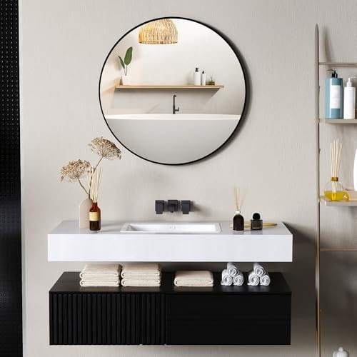 HOMCOM Miroir Rond Miroir Salle de Bain 70 cm Cadre en Métal Mural Noir