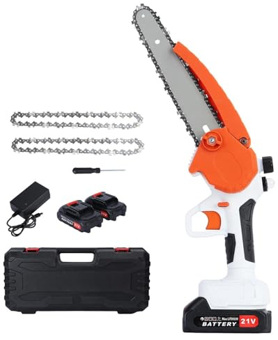 Mini motosega per il taglio del giardino elettrico senza fili con 2 x 2000mAh batteria ricaricabile, piastra guida 8 pollici albero sega mano taglio albero arancione
