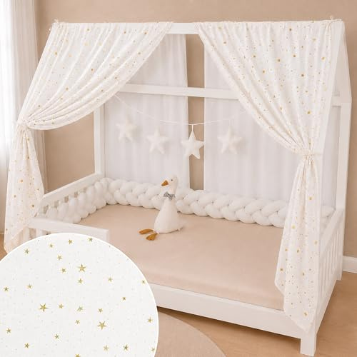 YellowNest Tenda per Letto Montessori (2 Pezzi) - Tenda Letto Bambini per Letto 70x140cm - 100% Mussola di Cotone - Con Ghirlanda (Bianco Ghirlanda, 62 x 270 cm (2 Pezzi))