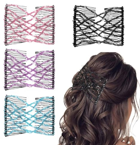 KUMSODE 4 Piezas Magic Hair Comb, Mágicas Pinza de Pelo Peine, Peinetas Elásticas de Pelo, Pinza Doble para Peineta, Magic Pinza para Peine de Perlas para Cabello Largo Corto y Rizado
