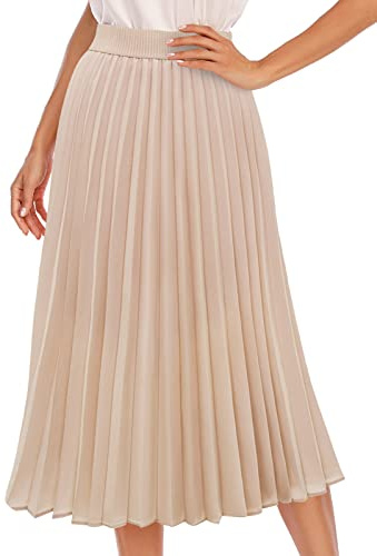 DRESSTELLS Cream Pleated Midi Long Holiday Party Skirts for Women, Aline High Waisted Caual Office Work Chiffon Skirt 2026 Champagne S