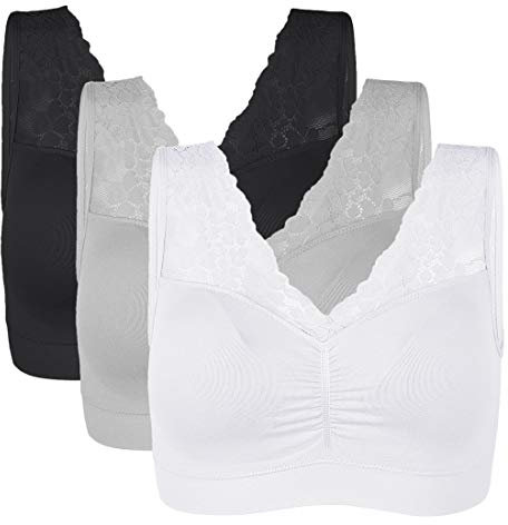 Vertvie Womens Strech Ohne Buegel Push up Yoga Sports BH Bra Top Set Fuer Fitnesstraining Polsterung 3er Pack(Schwarz/Weiß/Grau,XXL)