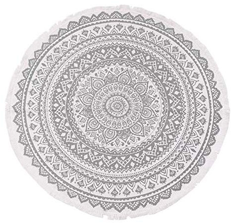 Morbuy Runde Teppiche Baumwolle mit Quasten,handgewebte schicke böhmische Mandala Bedruckte Muster-Baumwollteppich waschmaschinenfest,Ideal für Wohnzimmer,Schlafzimmer usw. (90 * 90cm,grau)
