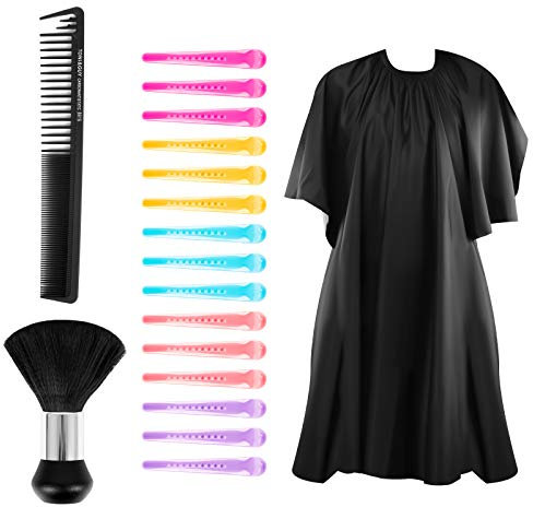 Friseursalon Haarschneideumhang Friseurumhänge Friseursalon Barber Cape Schwarz Haar Salon Cape mit Nackenbürste für Erwachsene Kinder Frisier Umhang zum Schneiden mit Halsbürste Kamm und Clips