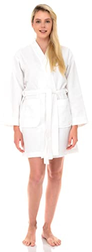 TowelSelections Womens Waffle Robe Kimono Spa Bathrobe Short Waffle Weave Bath Robe for Women Medium White
