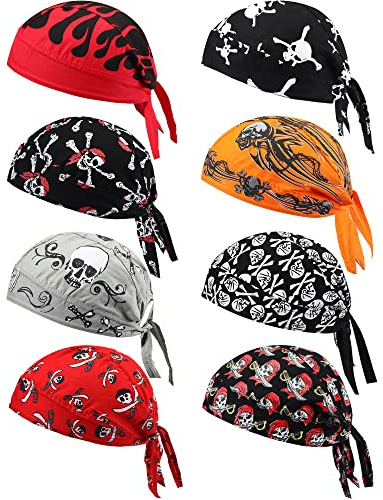 Foaincore 8 Pack Do Rag Skull Caps for Men Sweat Wicking Doo Rags Cooling Helmet Liner Cycling Motorcycle Bandana (Vivid Color,Skeleton Style) Multicoloured