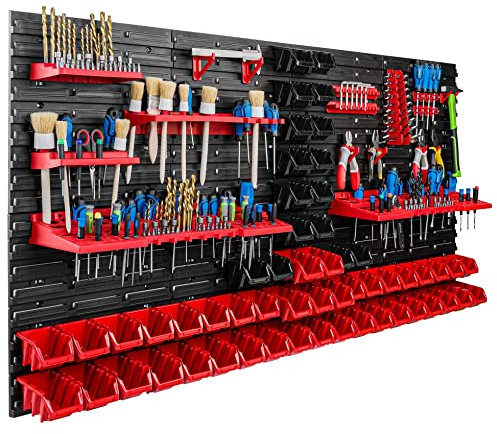 Lagersystem Werkstattregal | 156 x 78 cm | 56 stck. Box | Wandregal mit Werkzeughalterungen und Stapelboxen - Wandplatten Extra Starke Schüttenregal Warkzeuglochwand Lagerregal Garage Regal