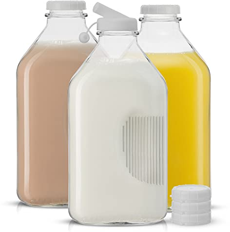 JoyJolt Glass Milk Bottles with Lids and Pourer – 64 Oz, 3 Pack Airtight Heavy Duty Reusable Glass Bottles, Leakproof, BPA-Free, Food Grade, Dishwasher Safe Jug, Pitcher for Milk, Juice, and Water