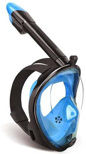 Maschera integrale da snorkeling con supporto staccabile per fotocamera, panoramica 180°, anti-appannamento, anti-perdite, per adulti e bambini (nero blu, L/XL)