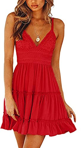 TBSCWYF Vestito da Donna con Arco Volant e Orlo Smocked Mini Abito da Spiaggia Senza Maniche Pattinatore Vestito Festa Vestiti Casual Prendisole a Canottiera in Pizzo