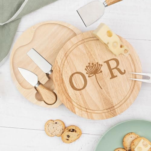 Wanapix | Tabla de Quesos Personalizada | Set Tabla + 4 Cuchillos de Acero Inoxidable | Bandeja/Estuche de Madera con Texto Grabado | 22ø cm | Dandelion