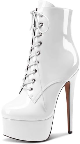NobleOnly Femmes Aiguille Haut High Plate-forme Talon Heel Rond Bout Lacets Fermeture à Glissière Danse Bottines 15 CM Heels Blanc 39 EU
