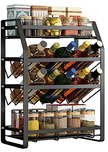 LILIIN Étagère à épices, Porte-épices de cuisine avec 4 étages en métal, Étagère de cuisine inclinée à 45 degrés, Organiseur de cuisine pour bouteilles d’épices, bocaux, bouteilles d’huile