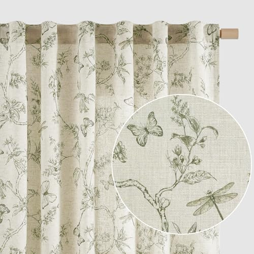 Lazzzy Charlotte Linen Farmhouse Curtains Green Floral Curtains 63 Inch Length Back Tab Drapes for Living Room Bedroom Light Filtering Country Vintage Rod Pocket Curtain, 2 Panels, Green on Beige