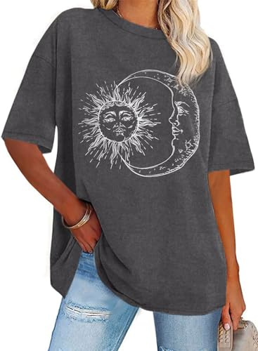 Oversized T Shirts For Women Loose Printed Tshirts(Dark Grey Moon,M)