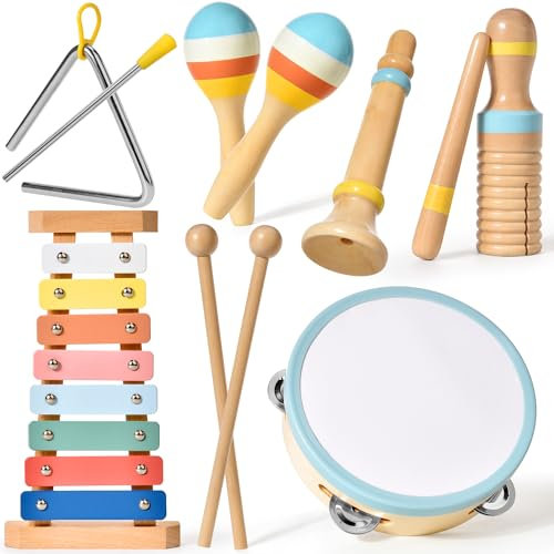 Tokiyis Musikinstrumente für Kinder Kinderspielzeug ab 1 Jahre Holzspielzeug Baby Schlagzeug Kinder Trommel Percussion Instrumente Musikinstrumente Baby Montessori Spielzeug für 2 3 4 5 Jahre