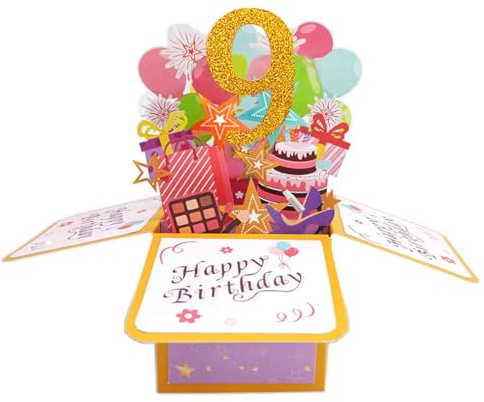 Happy 9th Birthday 9th Birthday - Tarjeta de felicitación 3D para niña, 9 años