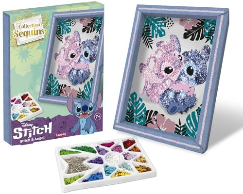 Lansay - Collection Sequins Disney STITCH & ANGEL – Kit Créatif Tableau Scintillant en Sequins – Cadre à Poser ou Accrocher + Compartiment Rangement – Activité Manuelle Enfant dès 7 Ans - Pose Facile
