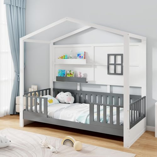 COSTWAY Letto per Cameretta a Forma di Cassetta 90 x 200 cm, per Bambini Struttura di Legno di Pino, Letto Casetta Montessori con 2 Ripiani Mensole e Protezione Anticaduta, Bianco e Grigio