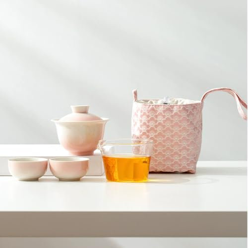 TAMUME Juego de té portátil de cerámica con jarra de vidrio – Juego de té compacto de viaje con bolsa de tela para regalo y uso personal, rosa