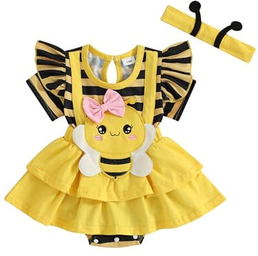 ZZLBUF Baby Girl Clothes Newborn Romper Dress Infant Cute Bee Short Sleeve Summer Outfits with Headband 0-18 Months (Yellow, 12-18 Months)