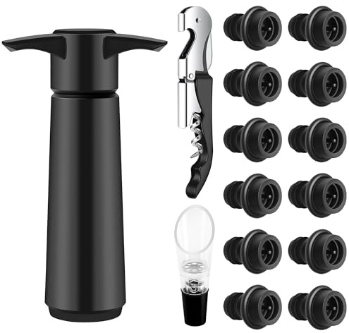 Gimars Kit de 15 Piezas para Vino: Bomba de Vacío, 12 Tapones, Vertedor y Sacacorchos en ABS Negro - ¡Mantén el Vino Fresco y Sabroso! Reutilizable + Regalo Ideal
