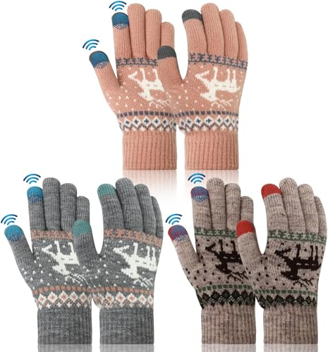 Votoko 3 par handskar kvinnor vinter pekskärm termo stickad kashmir med renmönster, varmt fleecefoder handskar, unisex vinterhandskar dam för utomhus, julklapp