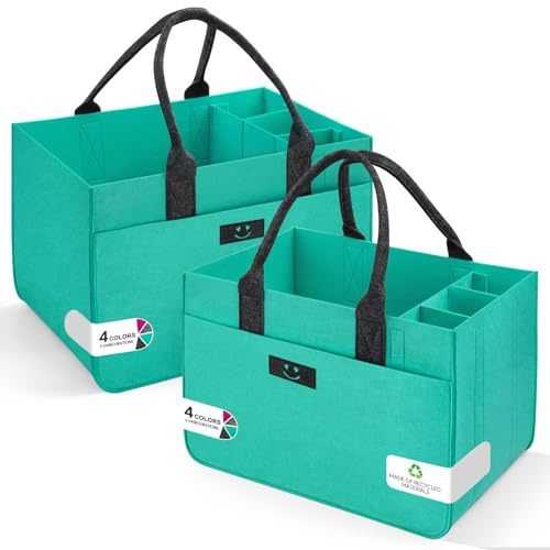 Eurhomewit Filt shoppingkorgar, filtväska, shoppingväska med fack, filtväska, stor 30 l, vikbar flaskväska, vedväska, klädkorg, leksaksväska (miley turkos mörkgrå/2 stycken)