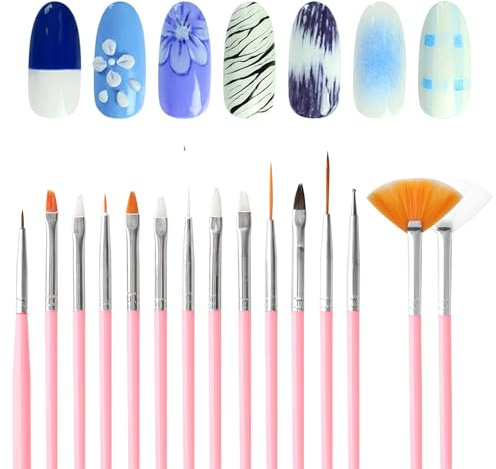 KQDRAVINE 15-delad borste för gelnaglar, nagelpensel, nagelkonst penselset, gelpensel för naglar, rosa nagelborste, lämplig för gör-det-själv-nagelstudior och nagelkonst penselset för hemmet
