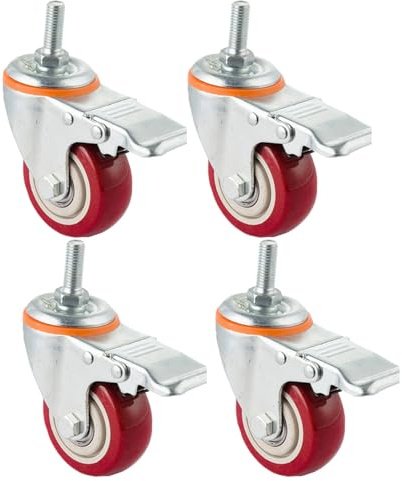 Rotelle rosse di alta qualità da 7,6 cm con freno, doppia chiusura filettata, montaggio su stelo filettato, ruote in poliuretano, silenziose e non lasciano segni, set da 4 (M12)