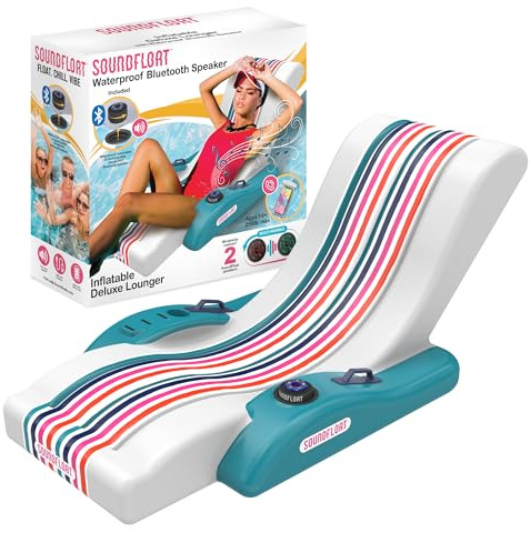 Inspired Living Inflatable Pool Lounger with Bluetooth IPX7 Waterproof Speaker, Cup Holder, Floating Pool Chair for Adults, Kids, Premium Pool Float for Pool Parties, Tanning, Backyard, 250lb Capacity