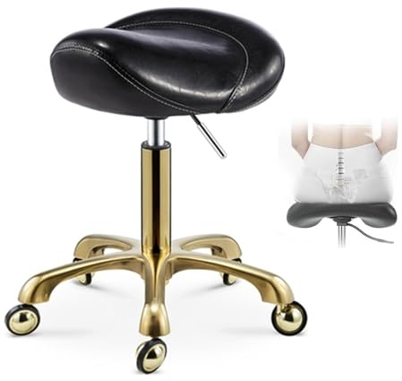 FXLUHAY Taburete con Ruedas y Asiento de Silla de Montar, Color marrón y Negro, Silla de salón Profesional, Silla giratoria de Oficina for peluqueros y esteticistas.