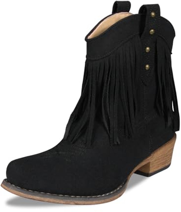 HPSOM Cowboy Boots for Women Boho Suede Ankle Western Cowgirl Boots Mid Calf Pointed Toe Short Chunky Classic Fringe Booties